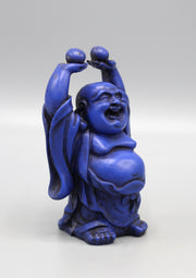 Blue Laughing Buddha Raising Both Hand Resin Statue - nepacrafts