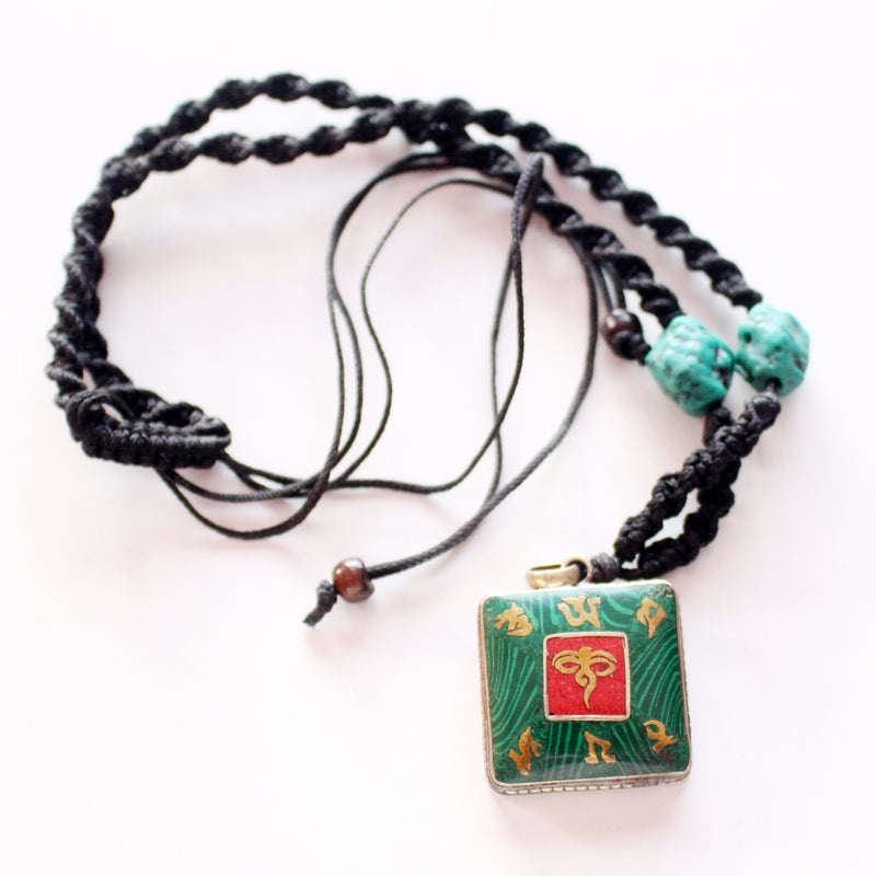 Coral Inlaid White Metal Square Buddha Eye Pendant - nepacrafts