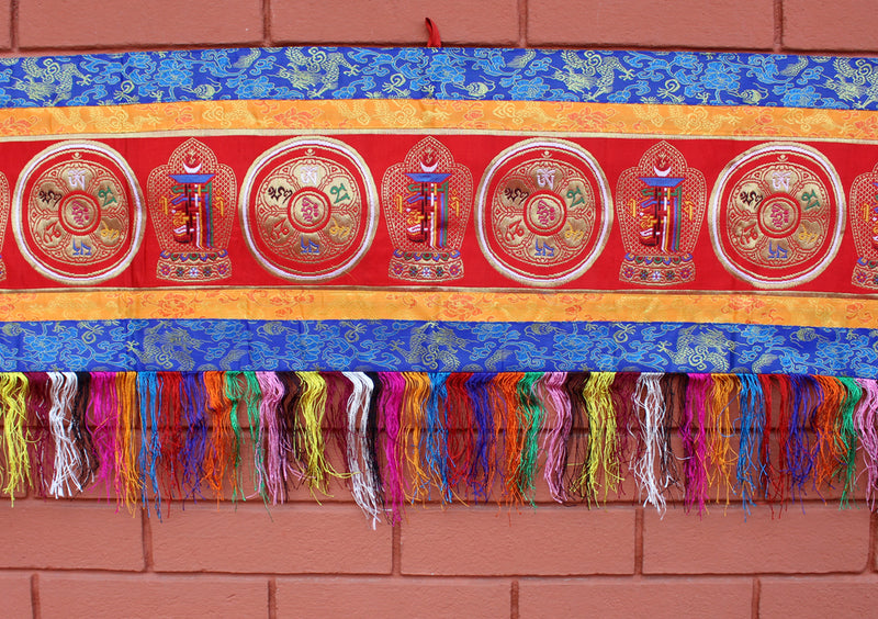 Tibetan Kalchakra Om Mani Brocade Framed Horizontal Banner - nepacrafts