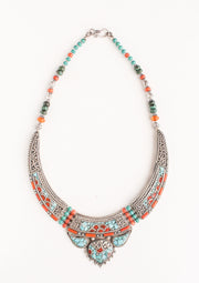 Turquoise & Coral Inlaid Tribal White Metal Collar Necklace - nepacrafts