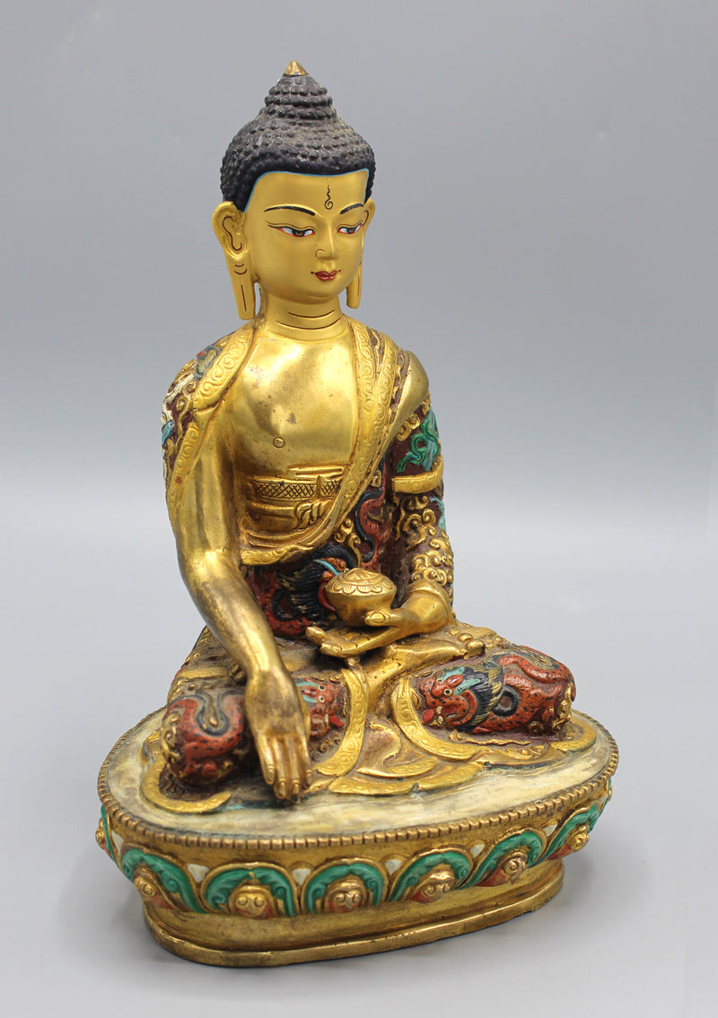 Hand Painted Dragon Carving Shakyamuni Buddha Statue