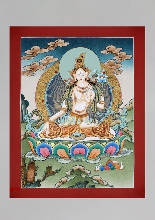 Buddhist Goddess White Tara Thangka Painting - nepacrafts