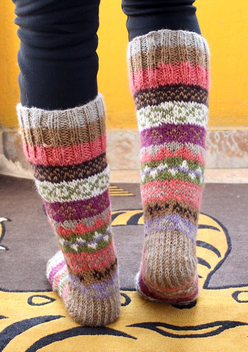 Green Pink Multicolor Handknitted Warm Winter Socks