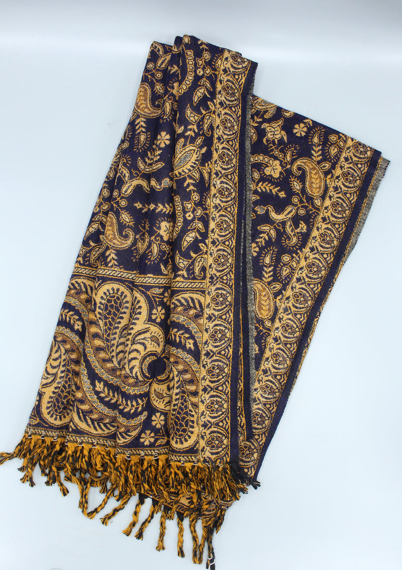 Handloomed Floral Dark Blue Yak Wool Shawl