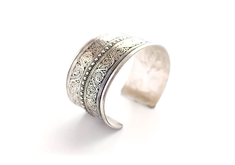 White Metal Fine Filigree Carving Handmade Cuff Bracelet - nepacrafts