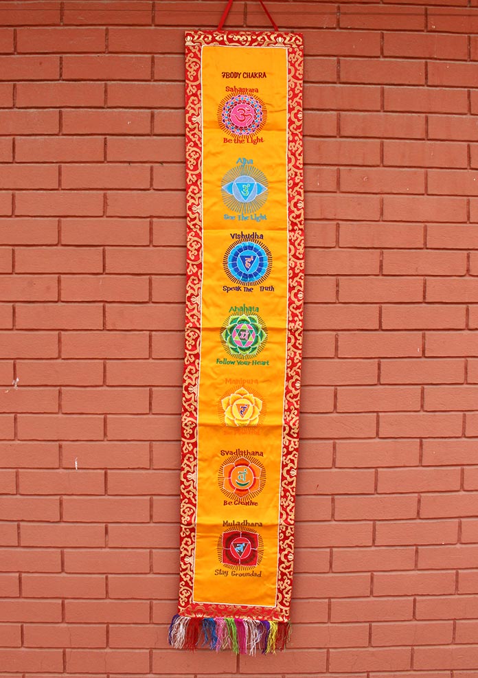 Seven Body Chakra Embroidery Brocade Framed Wall Hanging Banner