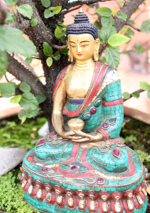 8.5" High Amitabh Buddha Statue Inlaid Turquoise and Coral - nepacrafts