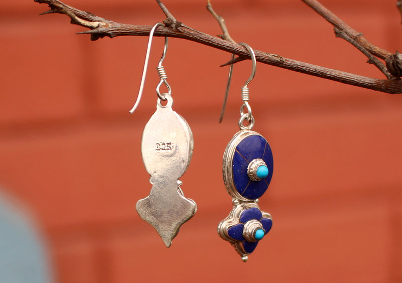 Lapis and Turquoise Inlaid Floral Dangle Silver Earrings - nepacrafts
