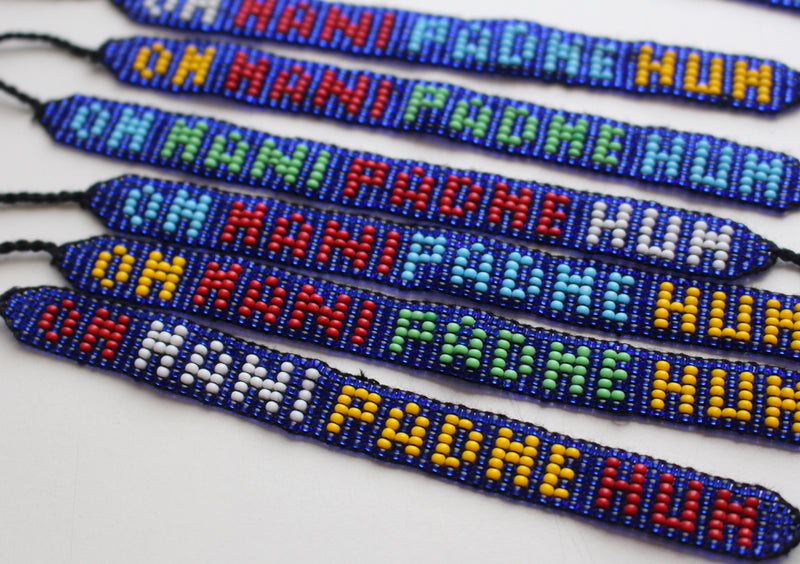 Blue Multicolor Assorted Pattern Om Mani Padme Hum Glass Beads Bracelet - nepacrafts