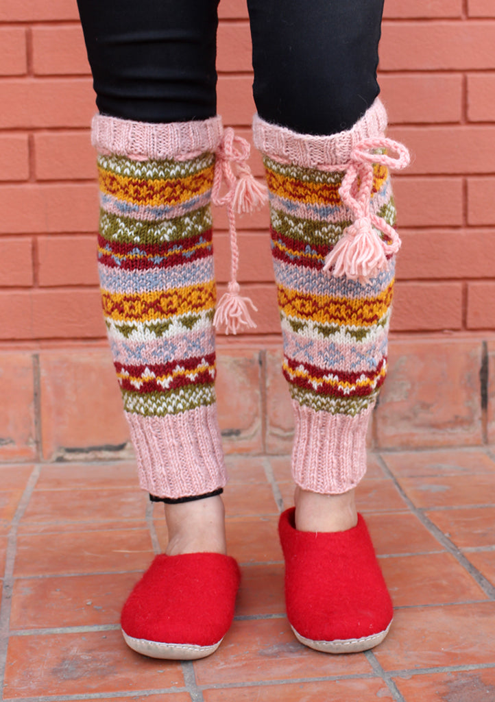 Light Pink Multicolor Hand Knitted Winter Legwarmers - nepacrafts