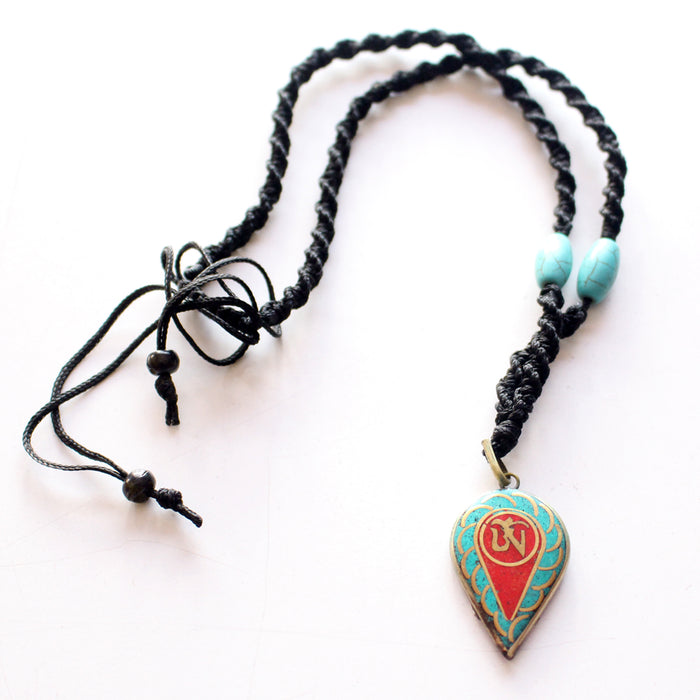 Turquoise and Coral Inlaid Leaf Tibetan Om Pendant - nepacrafts