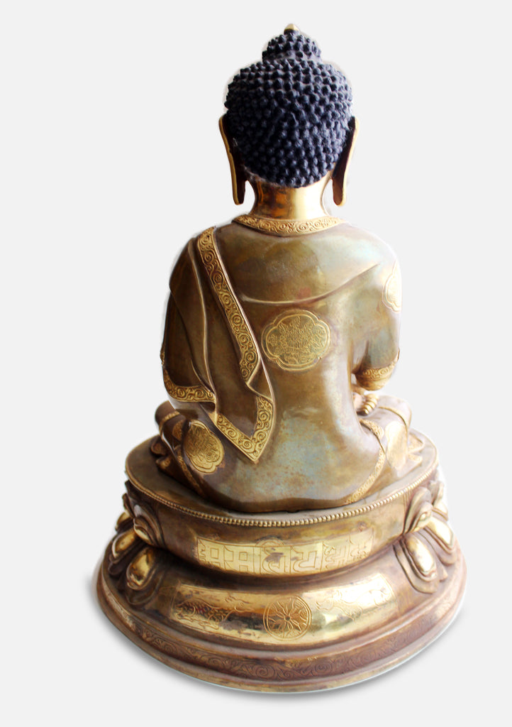 Gold Plated 17" Medicine Buddha Statue, Flower Carved and Double Lotus - nepacrafts