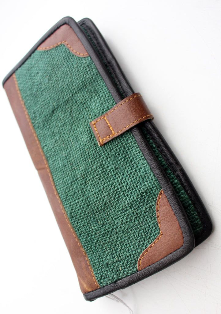 Green Hemp Clutch Purse with Leather Edging, Women Hand Purse - nepacrafts