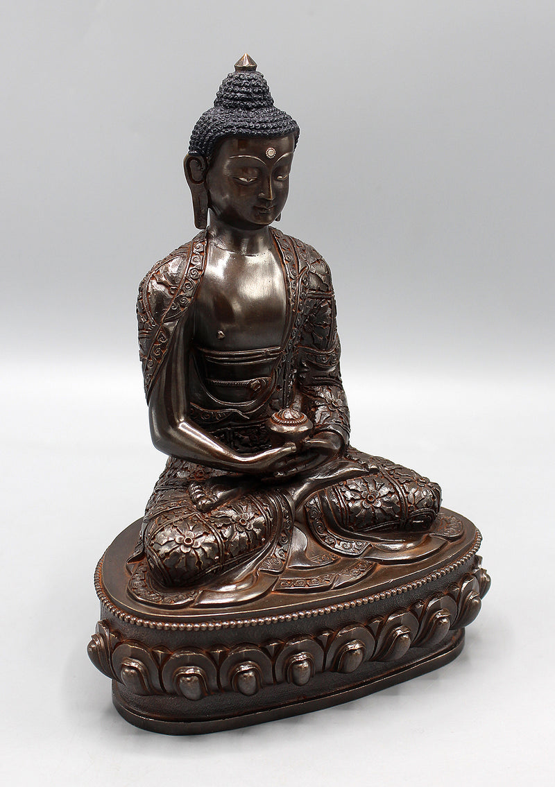 Amitabha Buddha Copper Oxidized Statue Fully Carved Floral Motifs