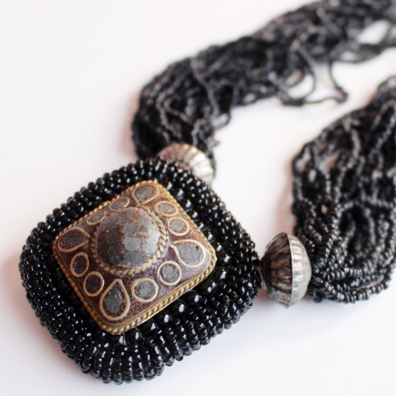 Multi Strand Black Glass Beads Crocheted Tibetan Pendant Necklace - nepacrafts