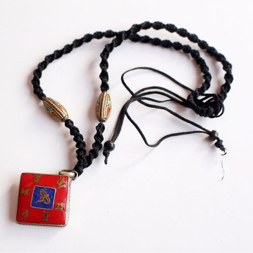 Coral Inlaid Square Buddha Eye Pendant - nepacrafts