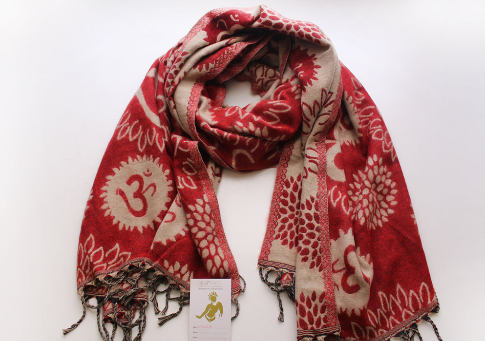 Red Color Hindu OM Printed Hand Loomed Himalayan Yak Wool Shawl - nepacrafts