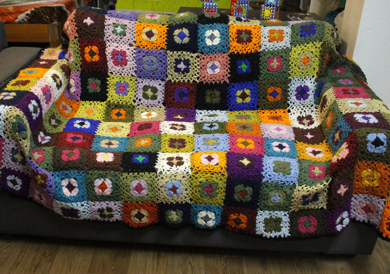 Square Multicolor Flower Pattern Hand Crochet Woolen Blanket/Throw - nepacrafts