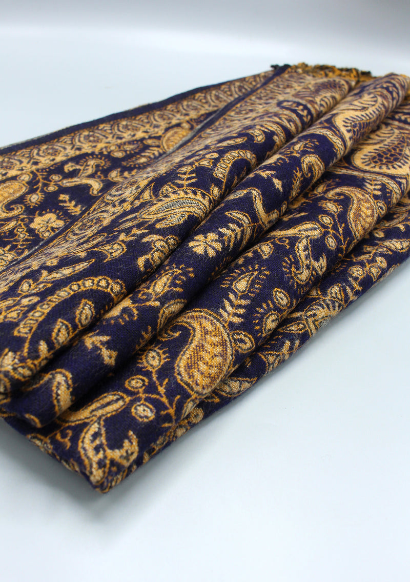 Handloomed Floral Dark Blue Yak Wool Shawl