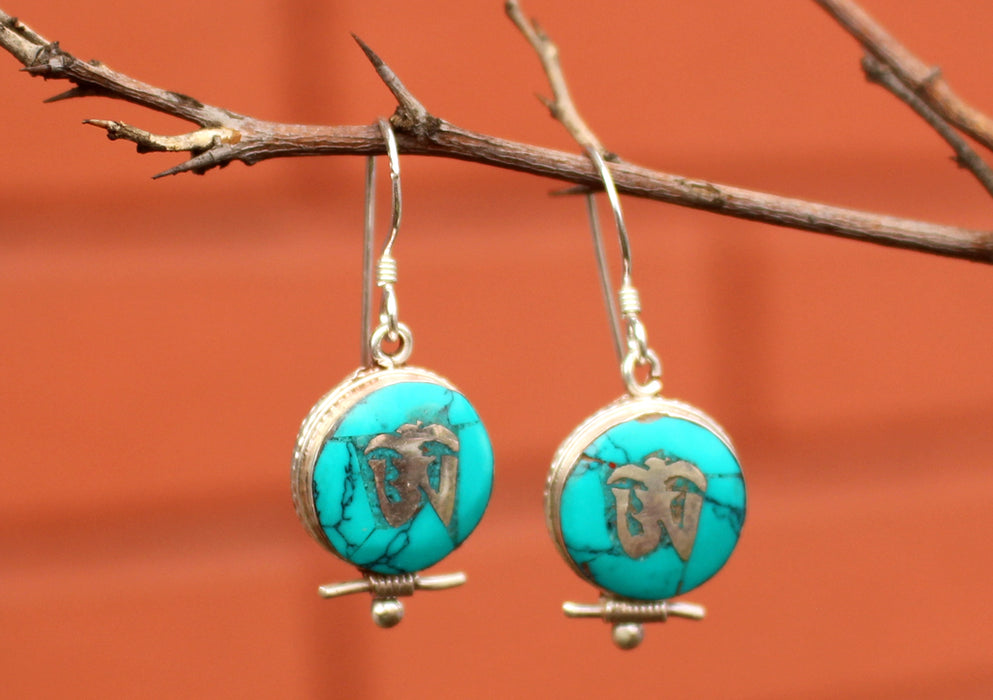 Turquoise Inlaid Tibetan Om Sterling Silver Earrings - nepacrafts