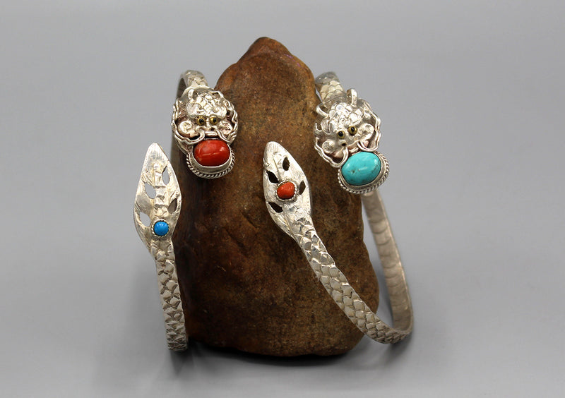 Coral Inlaid Dragon Carving Sterling Silver Bracelet - nepacrafts