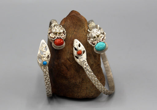 Coral Inlaid Dragon Carving Sterling Silver Bracelet - nepacrafts