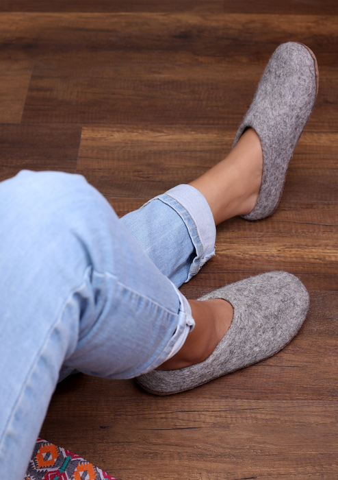 Hand Felted Woolen Cozy Indoor Slippers - Natural Grey