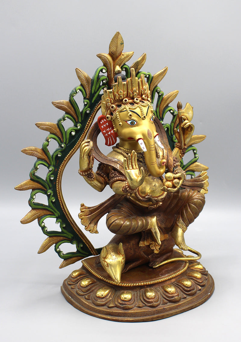 Gold Plated Lord Ganesha Statue Seated on Mouse