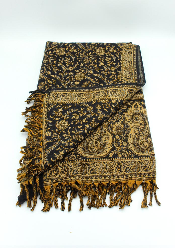 Hand Loomed Black Floral Pattern Print Yak Wool Shawl