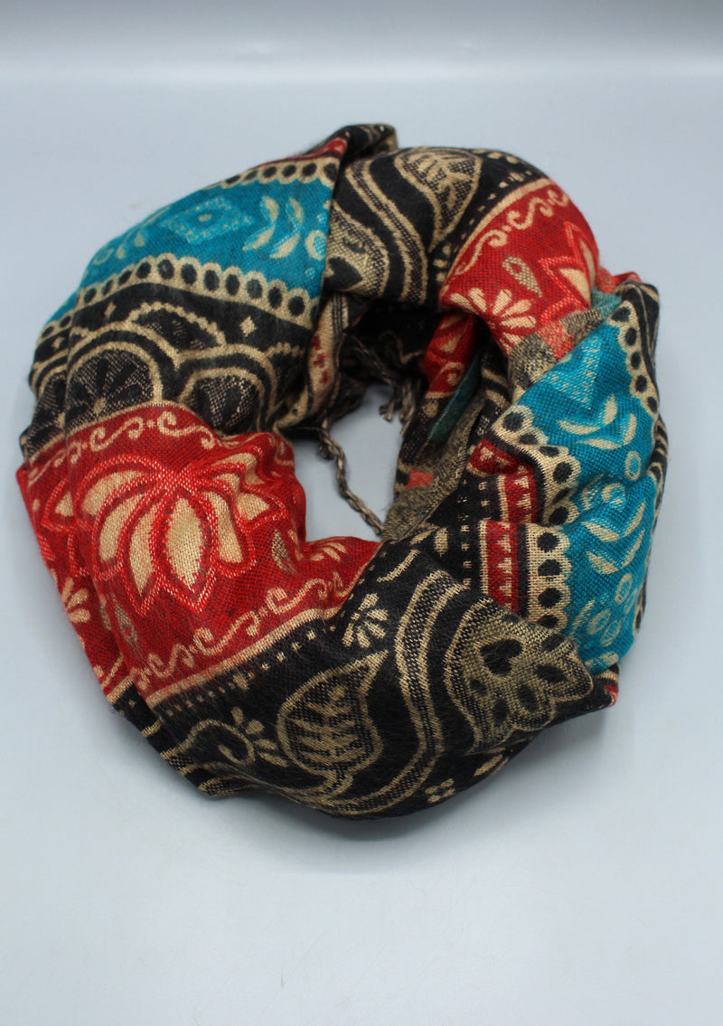 Red Lotus Design Black and Turquoise Yak Wool Shawl