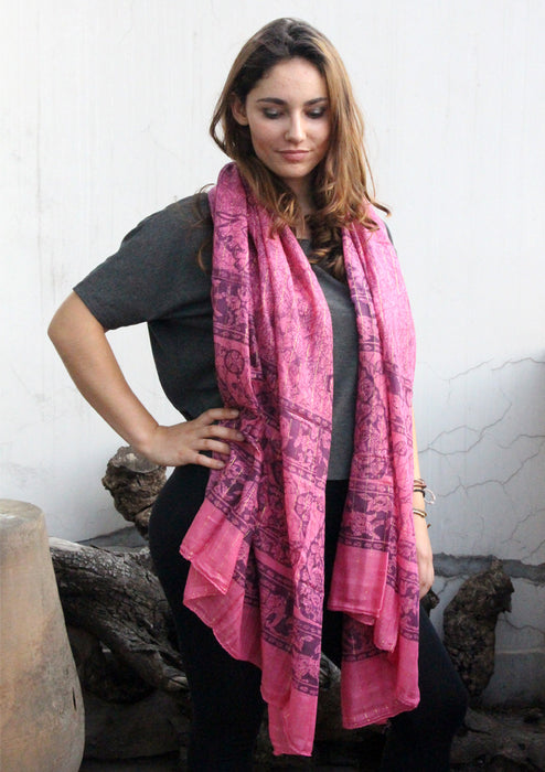 Dark Pink Cotton Summer Scarf/Wraps with Elephant and Deer Print From Nepal - nepacrafts