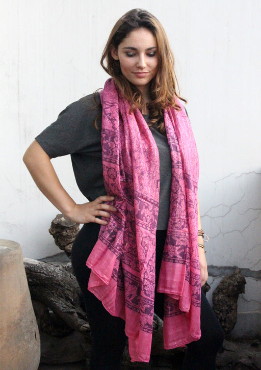 Dark Pink Cotton Summer Scarf/Wraps with Elephant and Deer Print From Nepal - nepacrafts
