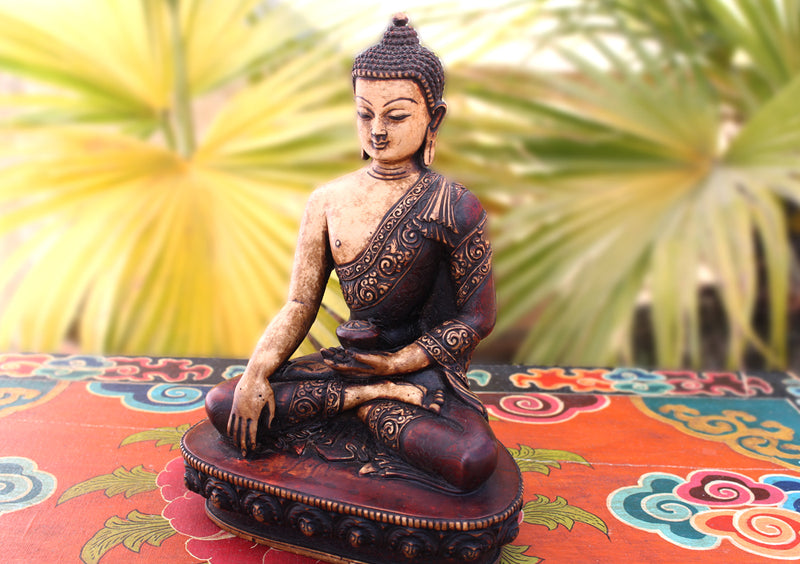 Floral Motif Carved Brown Resin Shakyamuni Buddha Statue 9" - nepacrafts
