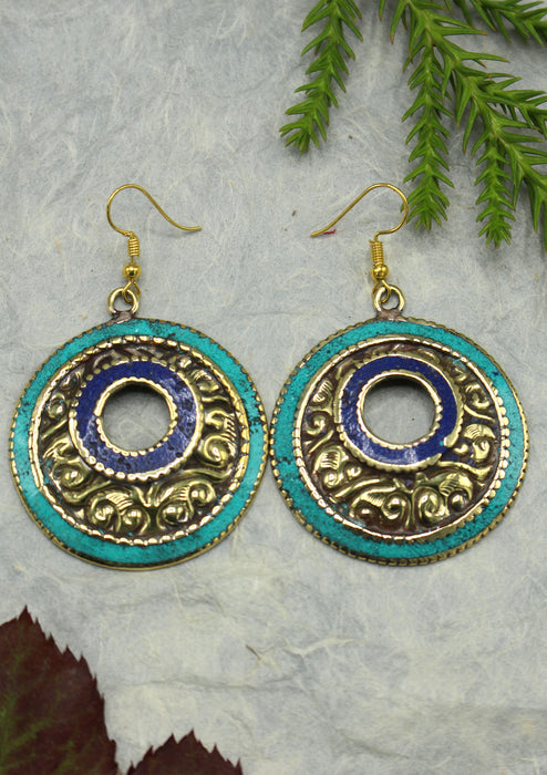 Handmade Round Turquoise and Lapis Resin Inlaid Mirr Hook Earrings