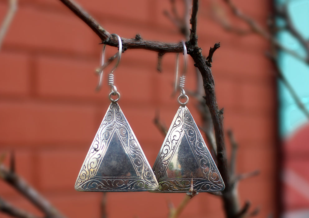 Traditional Triangle Hand Carved Silver Earrings - nepacrafts