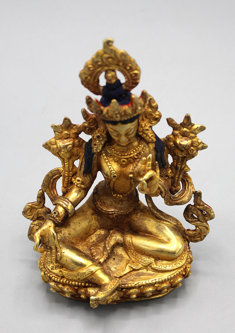 Exquisite Gold Plated Green Tara Statue 6"