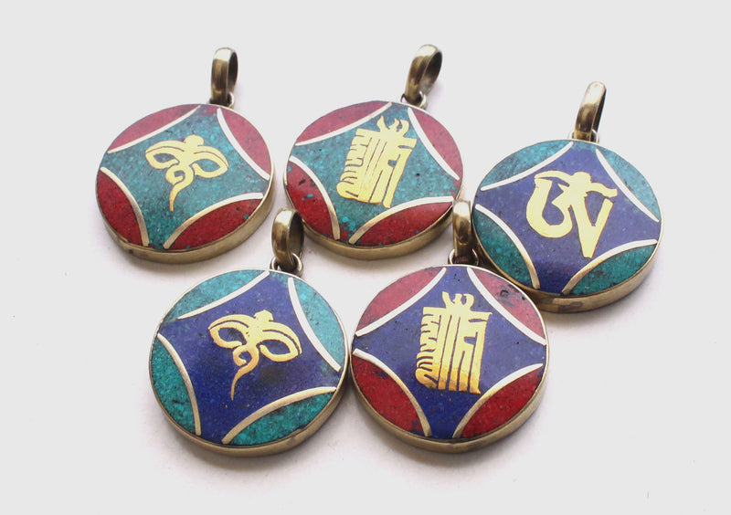 Round Tibetan Kalachakra, Om and Buddha Eyes Pendant - nepacrafts