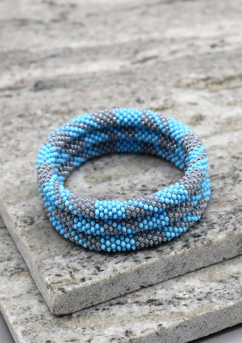 Sky Blue and Grey Diagonal Shape Glass Beads Bracelet