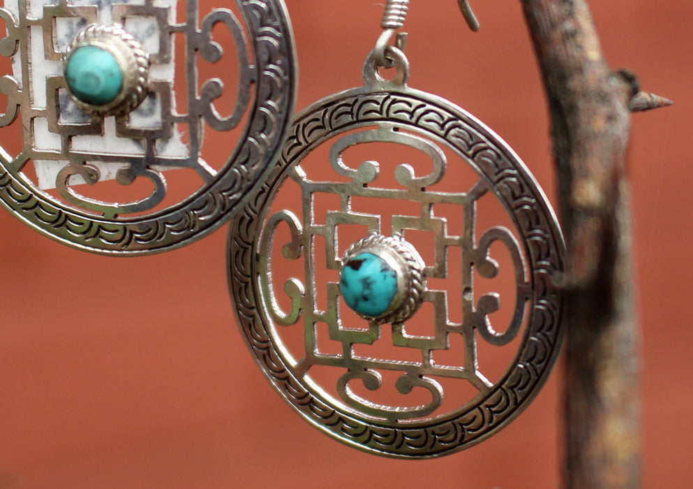 Tibetan Mandala Inlaid Turquoise Silver Sterling Earrings - nepacrafts