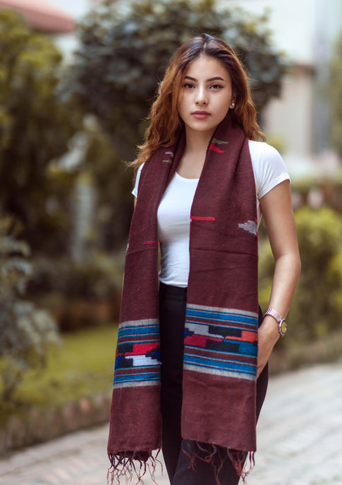 Maroon Yak Wool Shawl with Buttefly Pattern Handloomed in Nepal - nepacrafts