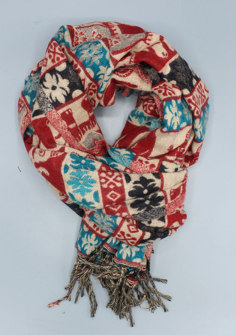 Red Elephant Design Multi Color Yak Wool Shawl