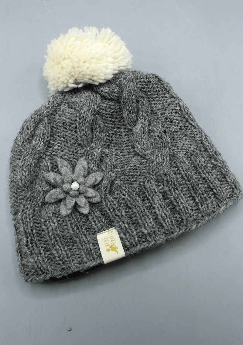 Nepalese Pure Wool Grey Sherpa Pom Pom Cap with Inner Fleece