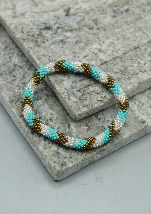 Shiny White, Gold & Mixed Beads Nepalese Roll on Bracelet