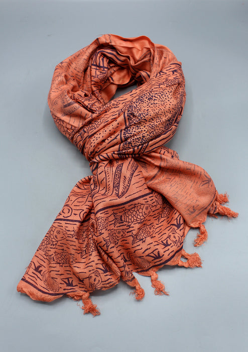 Pure Cotton Aquatic Life Printed Orange Shawl with Furka