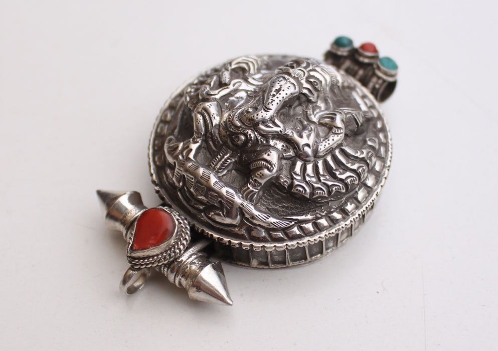 Ganesh Carved Silver Sterling Tibetan Ghau Pendant with Semi Precious Stone From Nepal - nepacrafts