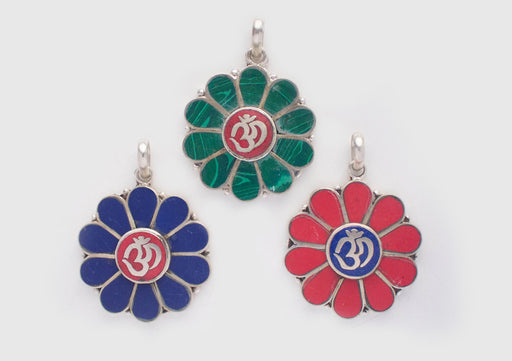 Om Embossed Inlaid Flower White Metal Pendant - nepacrafts
