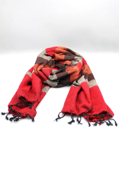 Red Brown Mix Stripe Hand-loomed Yak Wool Shawl