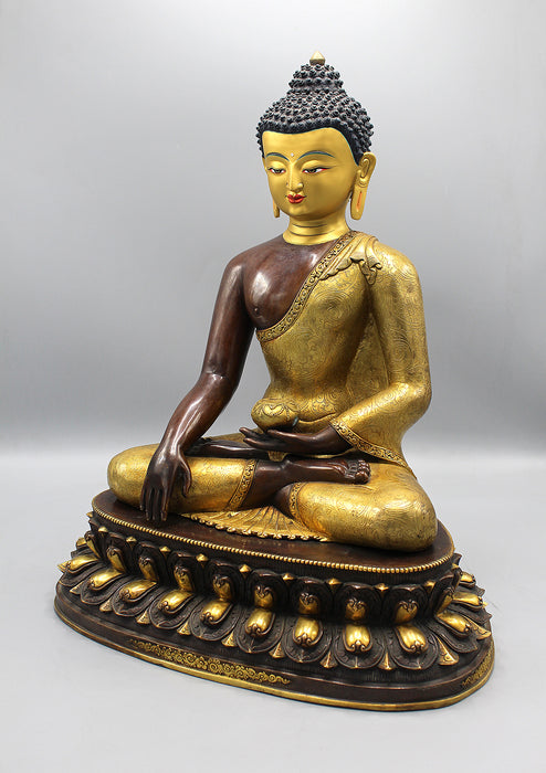 Partly Gold Plated Shakyamuni Buddha Statue in Monastic Robe With Floral Motifs