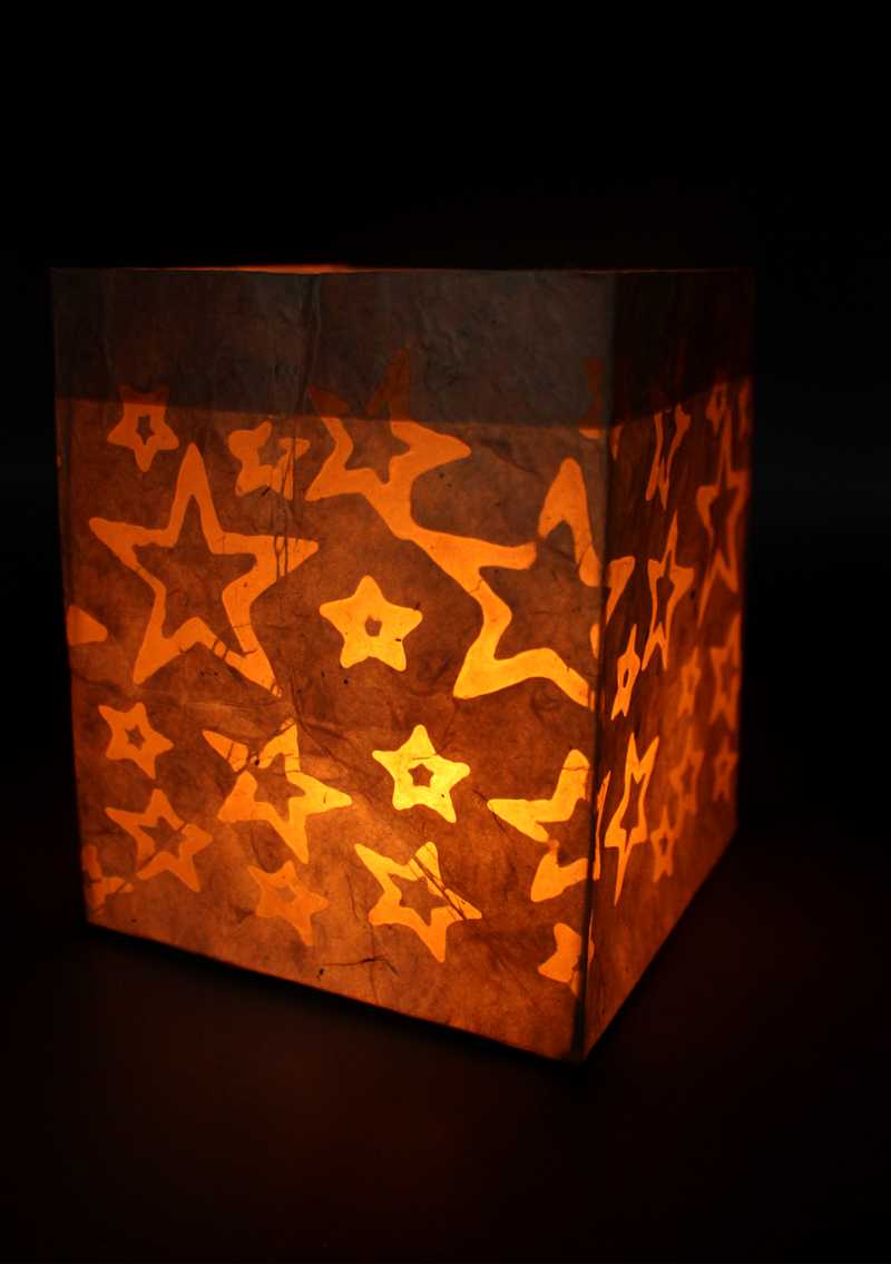 Handmade Star Printed White Lokta Paper Candle Lamp