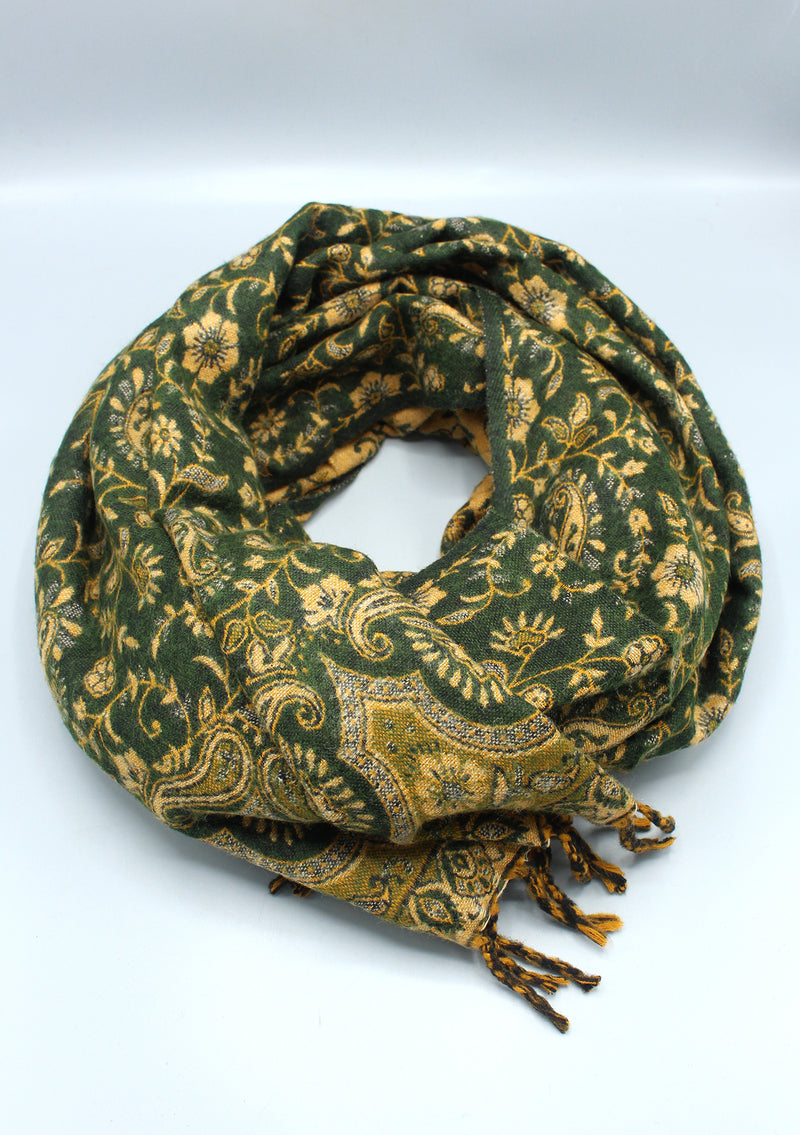 Handloomed Floral Leaves Forest Green Yak Wool Shawl